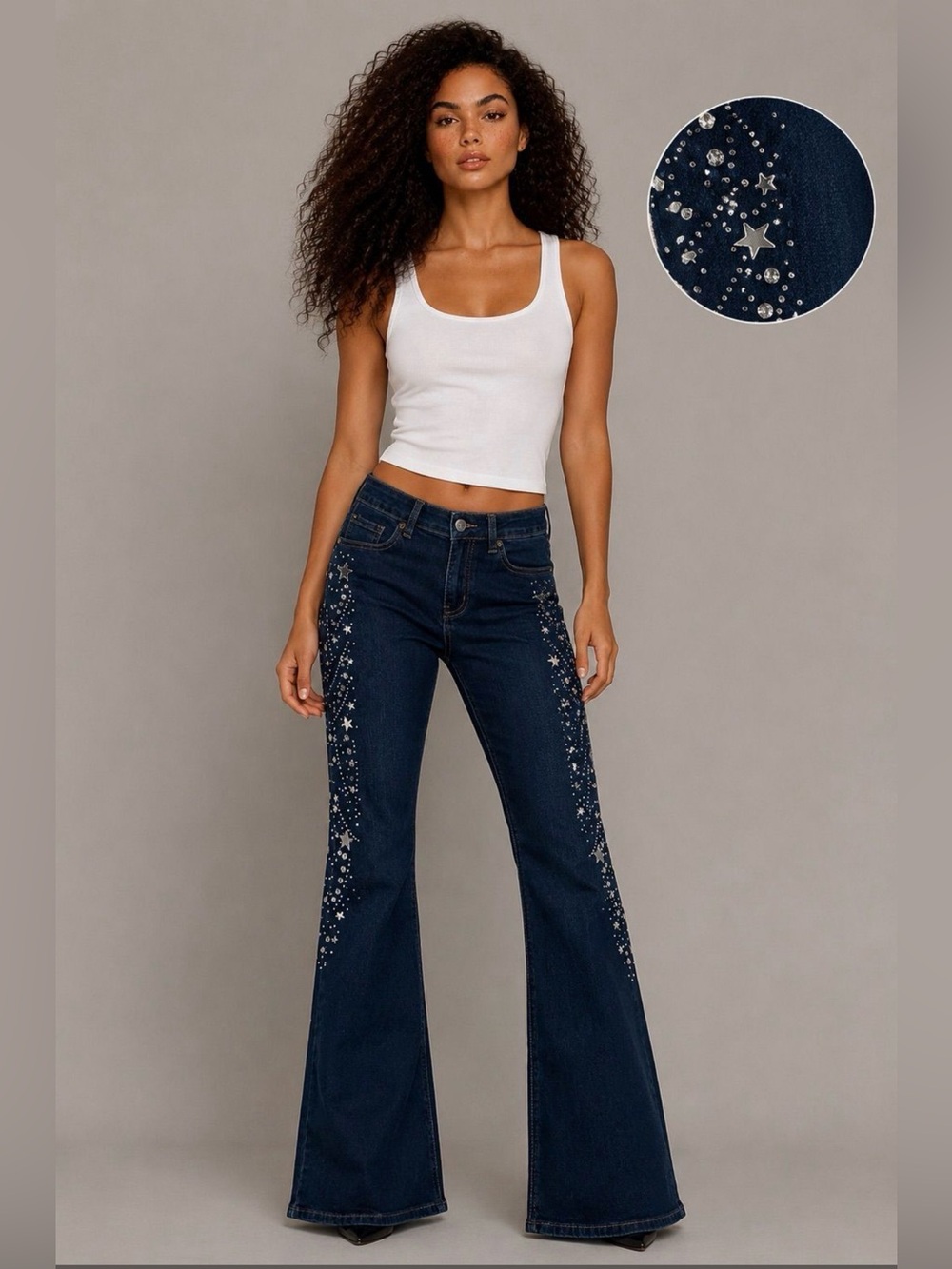 NWT Nina Rossi NR415 Star Rhinestone Embellished Flare Jeans - Size 1
